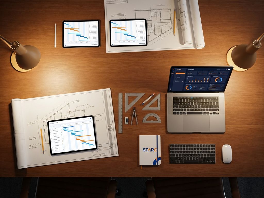Luchtfoto van modern bureau met tablets met Gantt-grafieken, blauwdrukken, laptop met analytics en projecttools