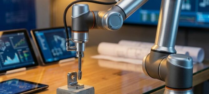 Industriële robotarm assembleert bouwcomponenten op werkbank met blauwdrukken en tablets op achtergrond