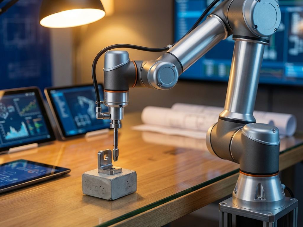 Industriële robotarm assembleert bouwcomponenten op werkbank met blauwdrukken en tablets op achtergrond