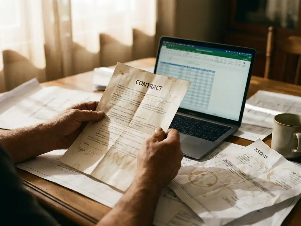 Aannemer houdt papieren contract vast naast laptop op houten bureau met blauwdrukken en facturen