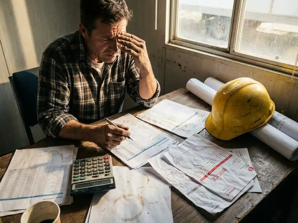 Gefrustreerde bouwprojectmanager aan bureau met budgetspreadsheets, rekenmachine en bouwhelm in bouwkeet