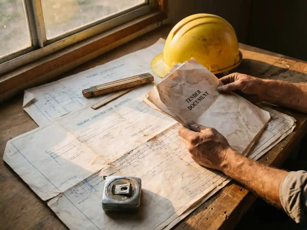 Verweerde handen van bouwvakker houden officiële documenten vast op houten bureau met bouwhelm en meetgereedschap