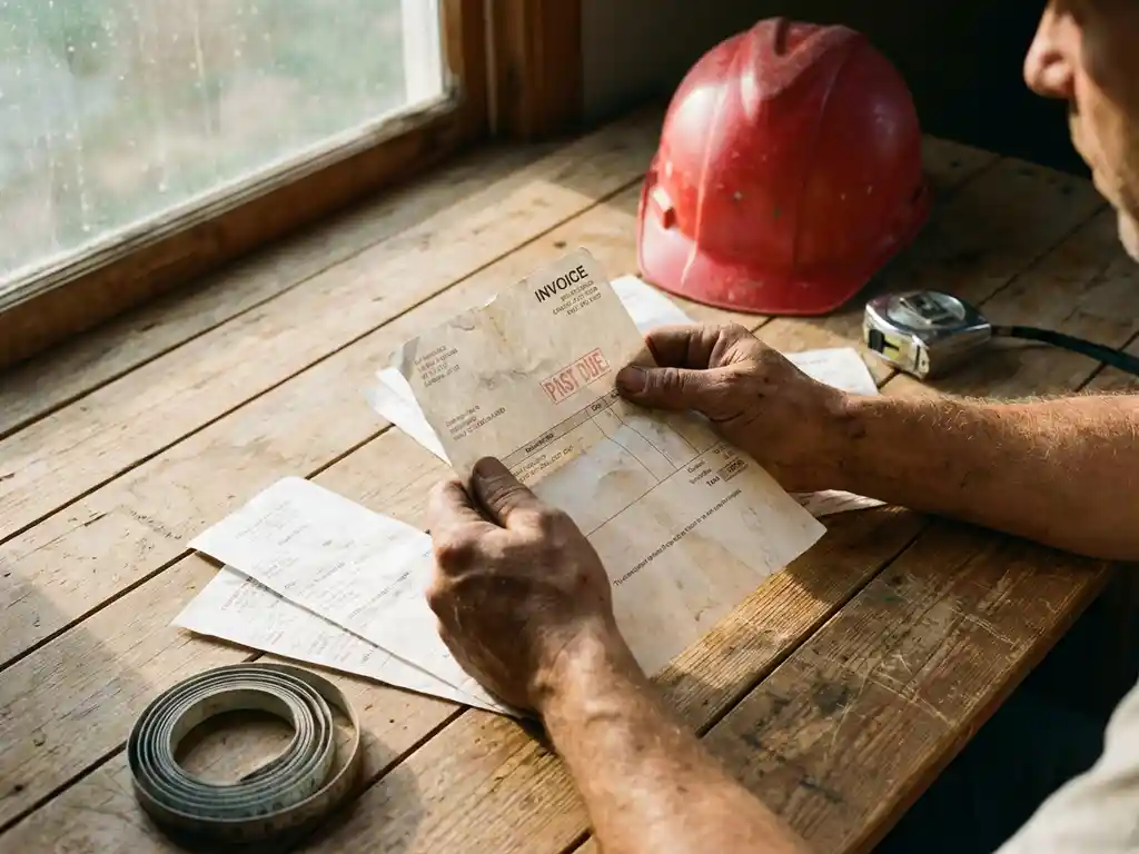 Bouwvakker houdt bezorgd factuur vast aan bureau met onbetaalde rekeningen, rode helm en meetlint tussen papieren