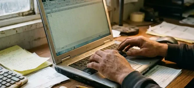 Bouwvakker typt op laptop met Excel-spreadsheet op bureau met projectnotities en facturen in kantoor op bouwplaats