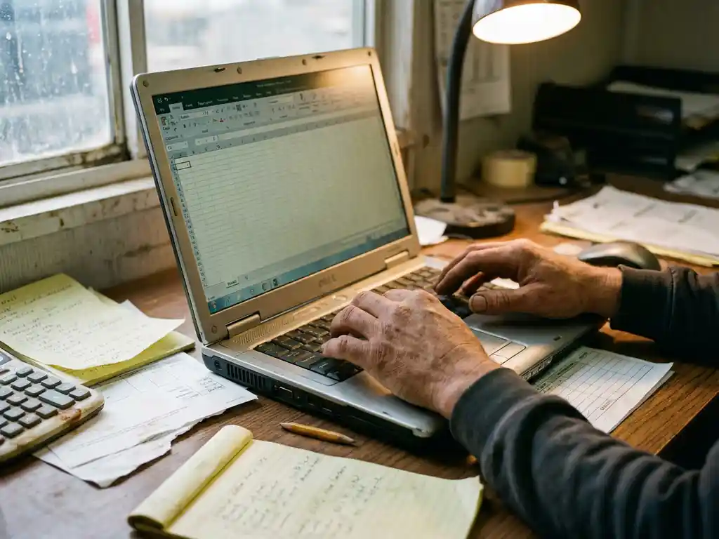 Bouwvakker typt op laptop met Excel-spreadsheet op bureau met projectnotities en facturen in kantoor op bouwplaats