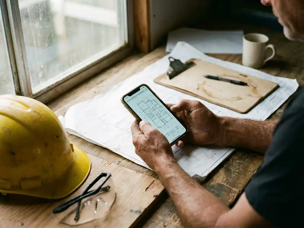 Bouwvakker bekijkt blauwdrukken op smartphone aan werktafel met documenten, helm en veiligheidsbril zichtbaar