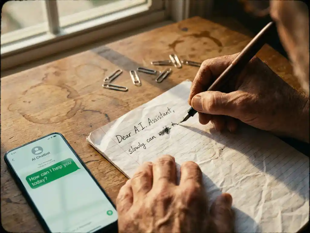 Verweerde handen schrijven met pen in notitieboek naast smartphone met AI-chatbot op houten bureau met koffievlekken