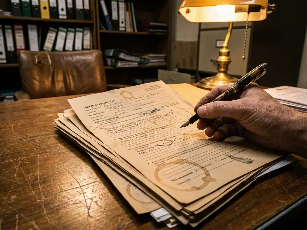 Hand vult risicobeoordelingsformulieren in met pen op verweerde houten bureau, koffievlekken zichtbaar
