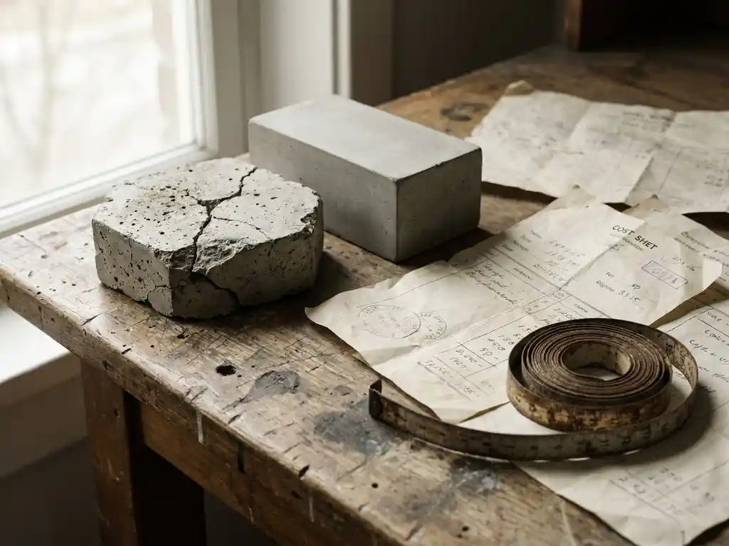Verouderd houten bureau met gebarsten en intacte betonblokken, kostenraming en meetlint voor hoeveelheidsopname.
