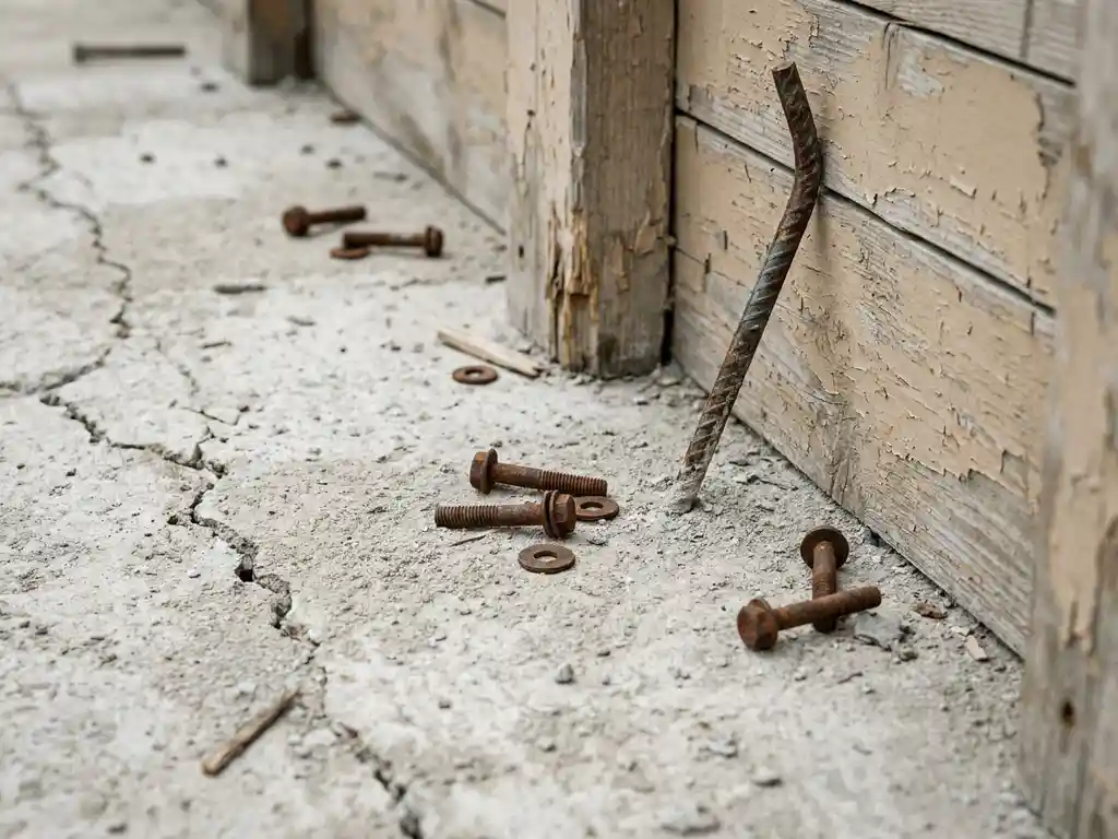 Gebarsten betonvloer met losse bouten, verroeste stalen wapeningsstaf en verweerd houten bekistingspaneel bedekt met bouwstof.
