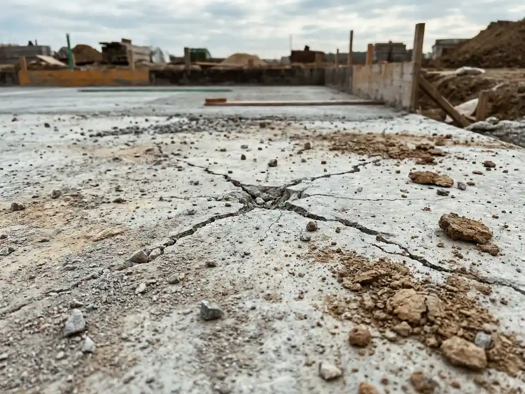 Gebarsten betonvloer op bouwplaats met zichtbare stressfracturen in vers gestort cement, omringd door grind en stof.