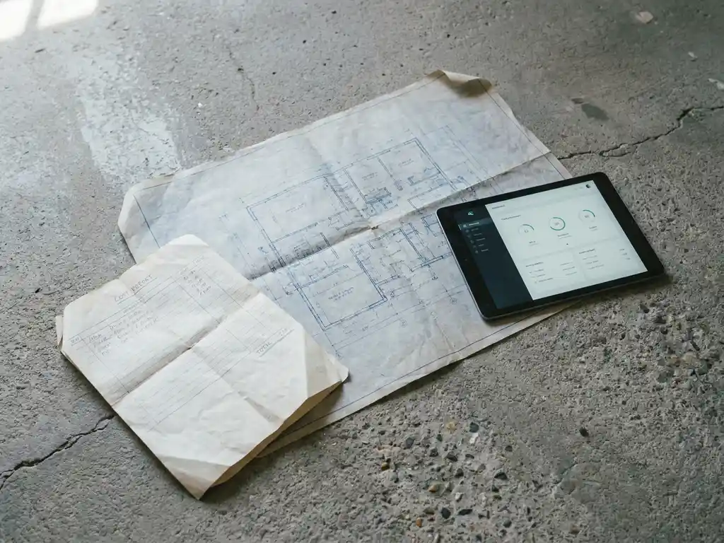 Versleten bouwtekening en gekrenkeld kostenrapport op betonnen ondergrond, met moderne tablet met dashboard erop.