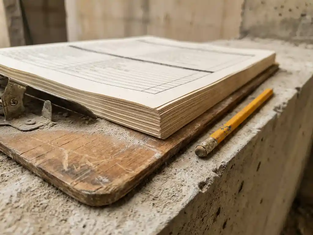 Versleten houten klembord met bouwchecklists en geel potlood op betonnen ondergrond, zacht natuurlijk zijlicht.