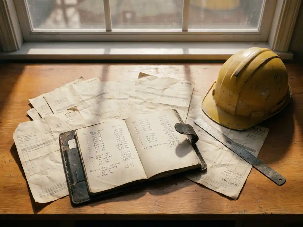 Versleten houten bureau met gekreukelde facturen, leren notitieboek met handgeschreven cijfers en gele bouwhelm in zacht middaglicht.