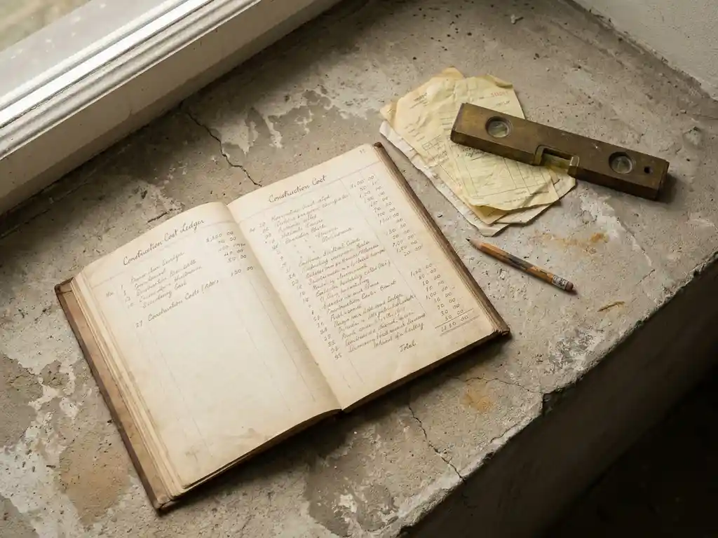 Versleten bouwkostenboek open op ruw beton, omringd door gekreukelde bonnetjes, een potlood en een waterpas in zacht natuurlijk licht.
