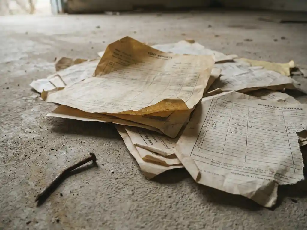 Verkreukelde kostenrapporten en verouderde papieren schema's op beton, met een gebogen spijker ernaast, in gedempte grijze en okertinten.