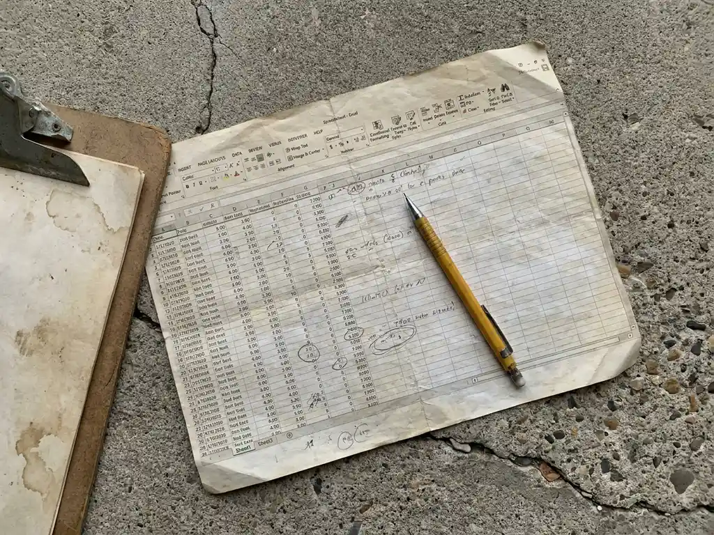 Verkreukeld Excel-uitdraai met potloodaantekeningen op betonnen ondergrond naast bouwplaatsklembord, geel mechanisch potlood erbovenop.