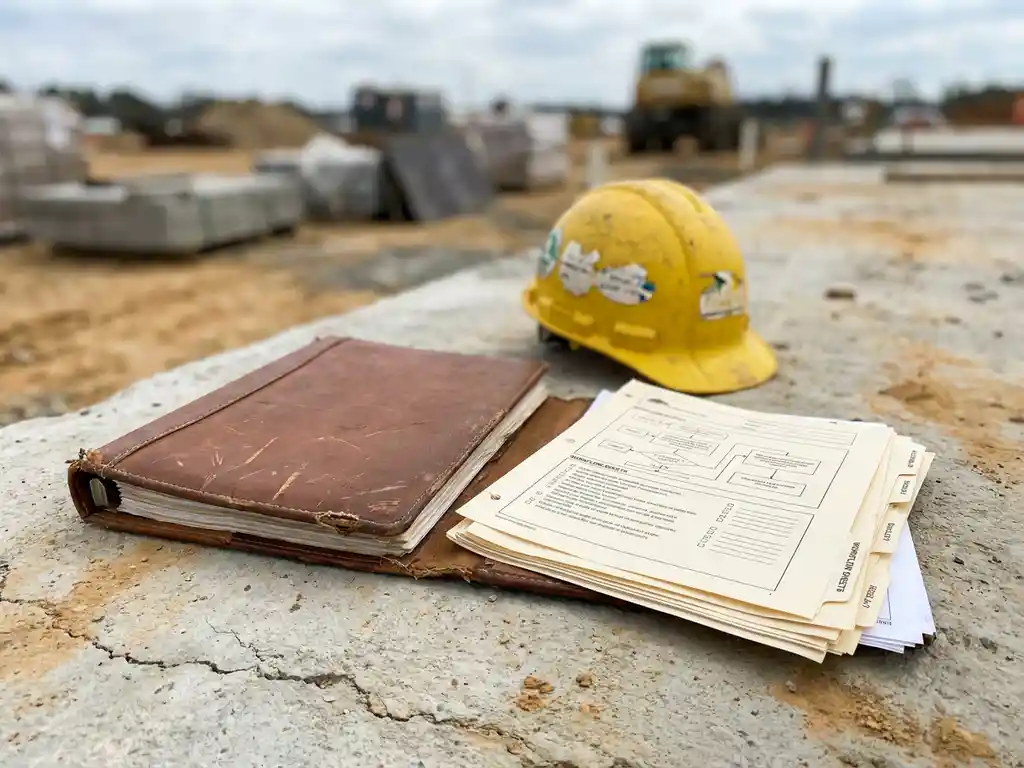 Versleten leren ordner opengeslagen op betonnen ondergrond met uitgewaaierde werkstroombladen en gele bouwhelm op bouwplaats.