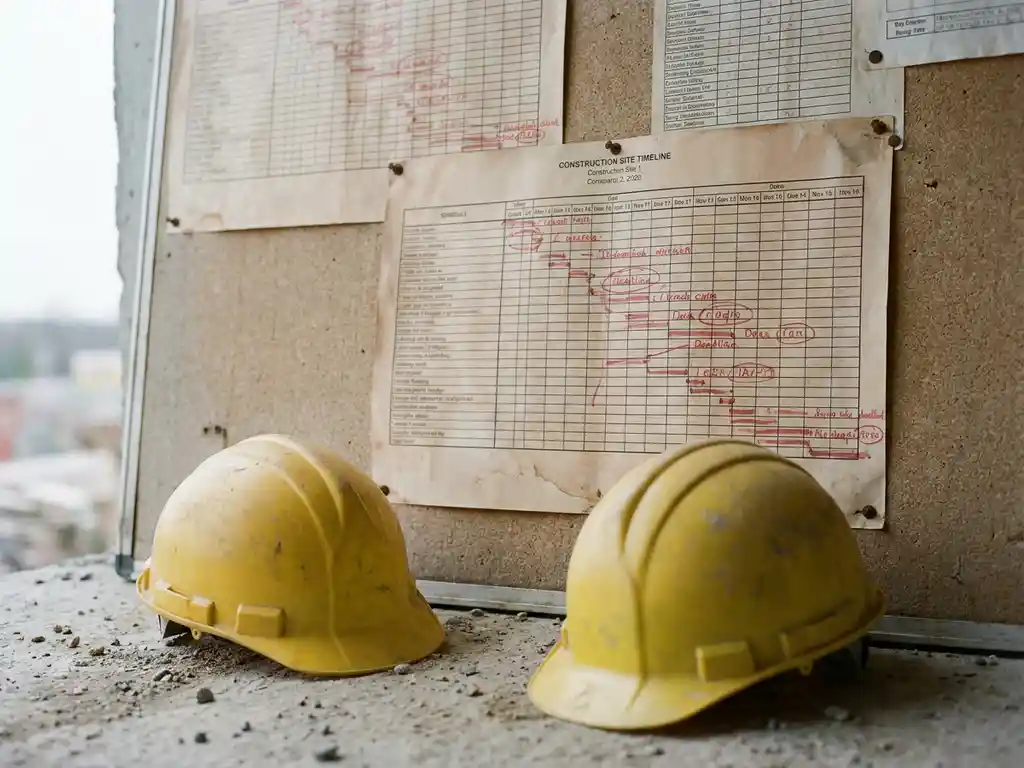Verouderd bouwplaatsrooster op kurkbord met rood gemarkeerde deadlines en gele bouwhelm op betonnen ondergrond.