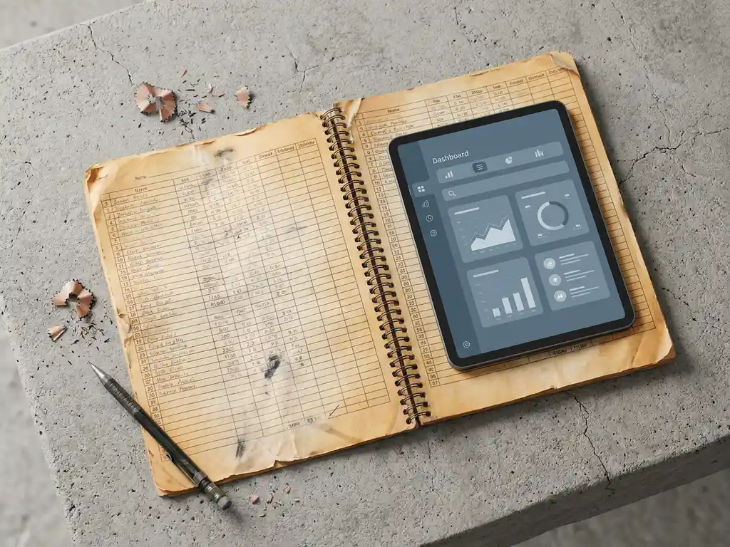 Verouderde Excel-spreadsheet op beton naast moderne tablet met dashboard, omgeven door potloodslijpsel en een slijtende vulpotlood.