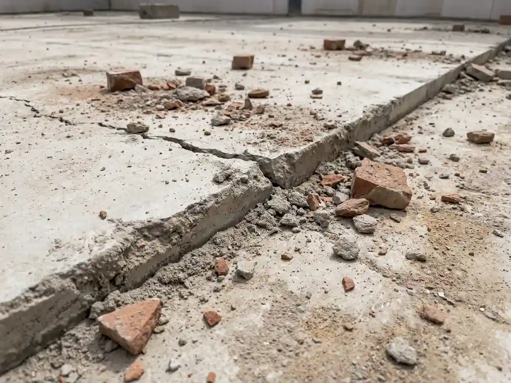Gebarsten betonvloer op Nederlandse bouwplaats met verkeerd uitgelijnde voeg, afbrokkelende mortel en gebroken baksteenfragmenten.