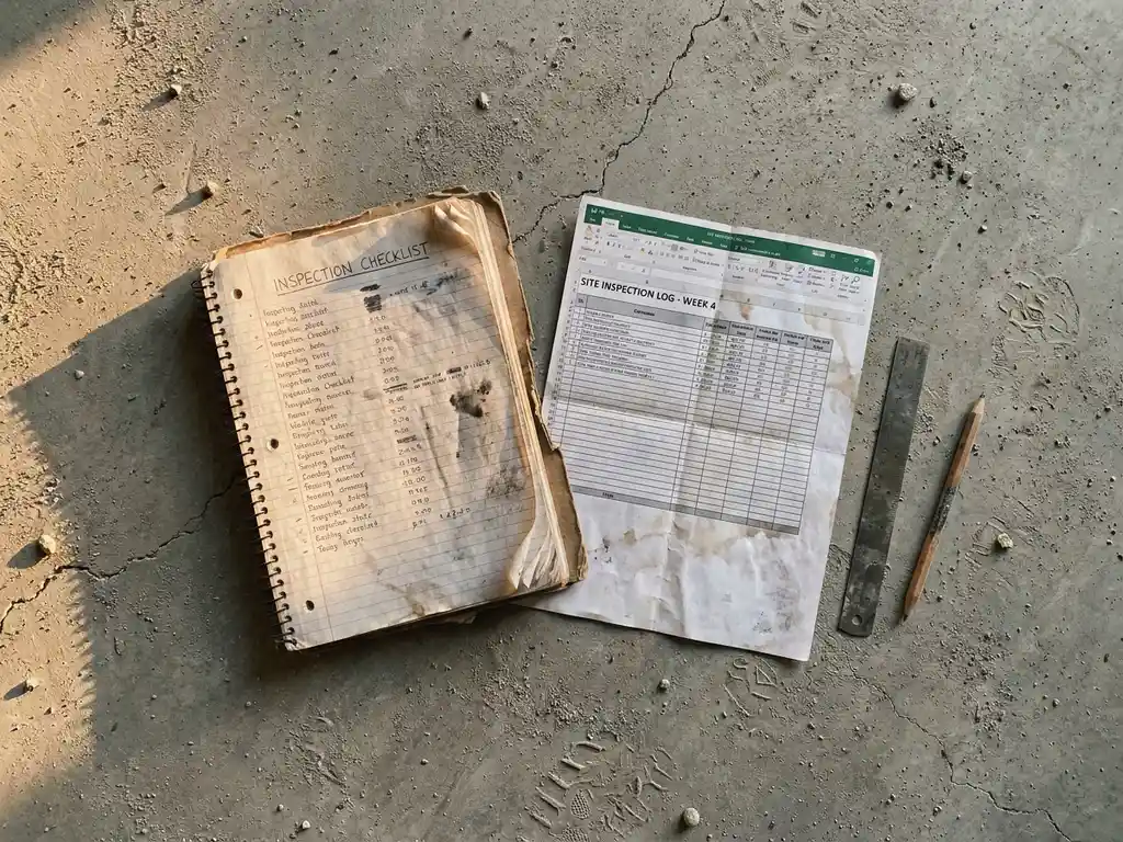 Versleten spiraalgebonden inspectielijst en verfrommeld Excel-formulier op stoffige betonnen bouwplaatsvloer, met stalen liniaal en potlood.