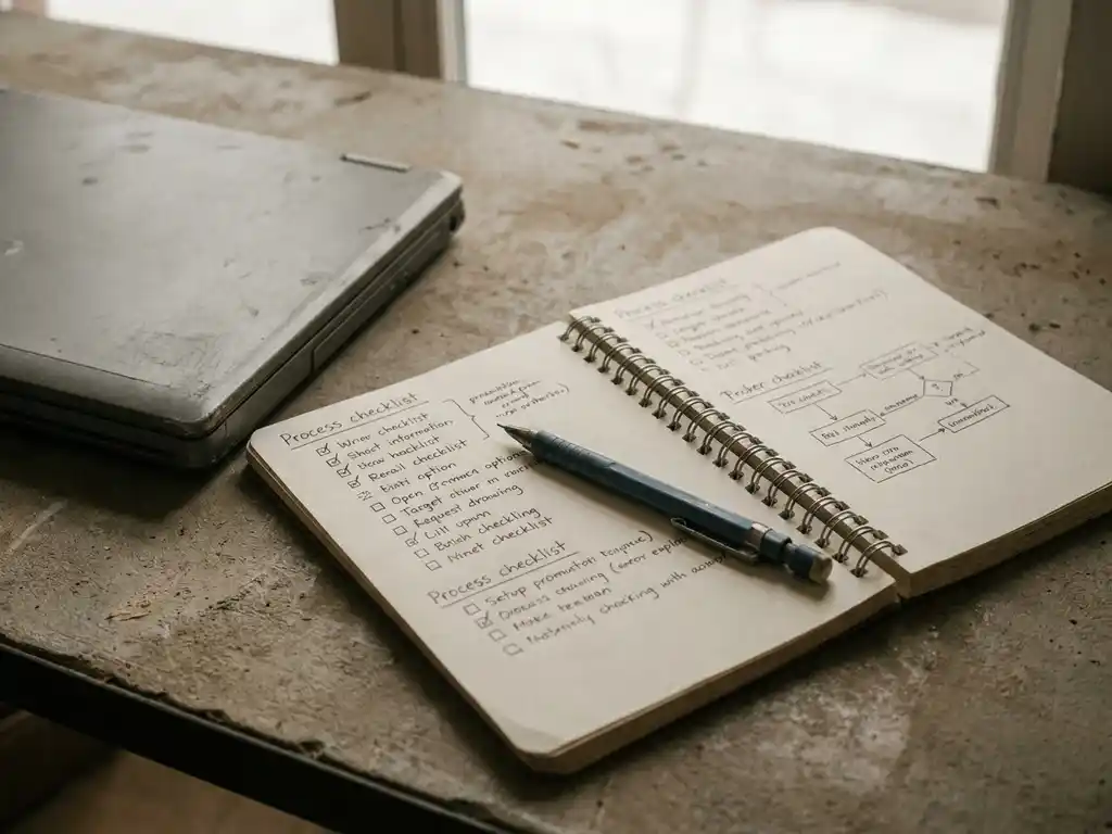 Opengeslagen spiraalblok met handgeschreven checklists naast een dichte laptop op betonnen ondergrond, mechanisch potlood op de pagina.
