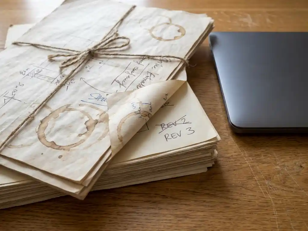 Stapel verouderde bouwdocumenten met handgeschreven revisienotities en koffievlekken, conflicterende versienummers zichtbaar op een verweerd eiken bureau.