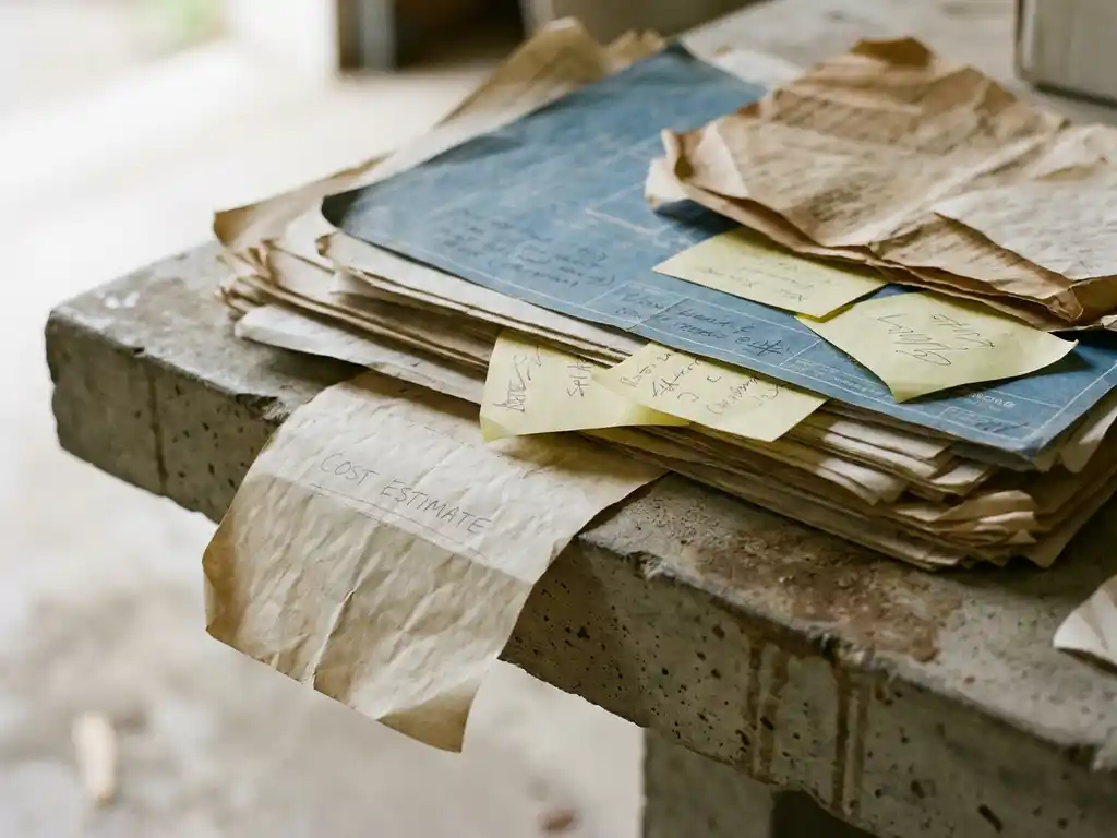 Stapel verouderde procesdocumenten, handgeschreven blauwdrukken en plakbriefjes op betonnen ondergrond, met een verfrommelde kostenraming die van de rand glijdt.