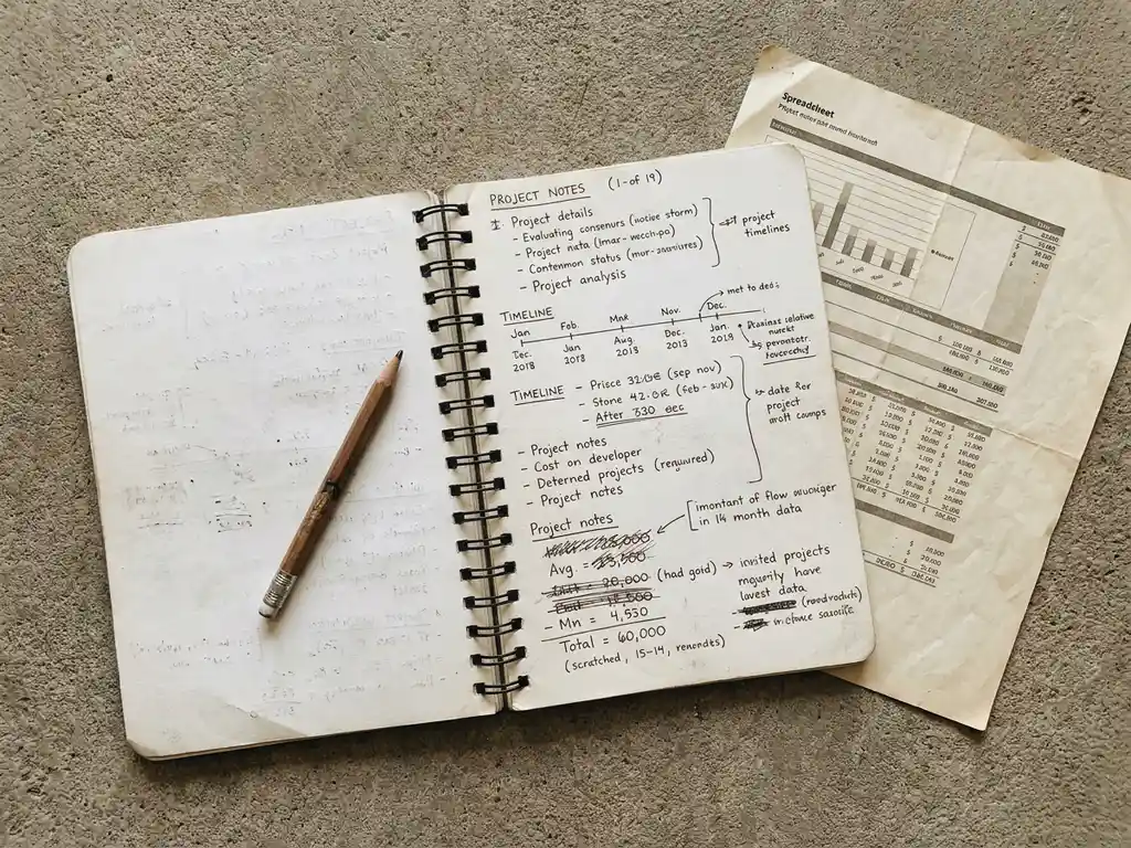 Opengeslagen spiraalschrift met handgeschreven projectplanningen en doorgestreepte cijfers, potlood en verfrommeld spreadsheet op betonnen ondergrond.