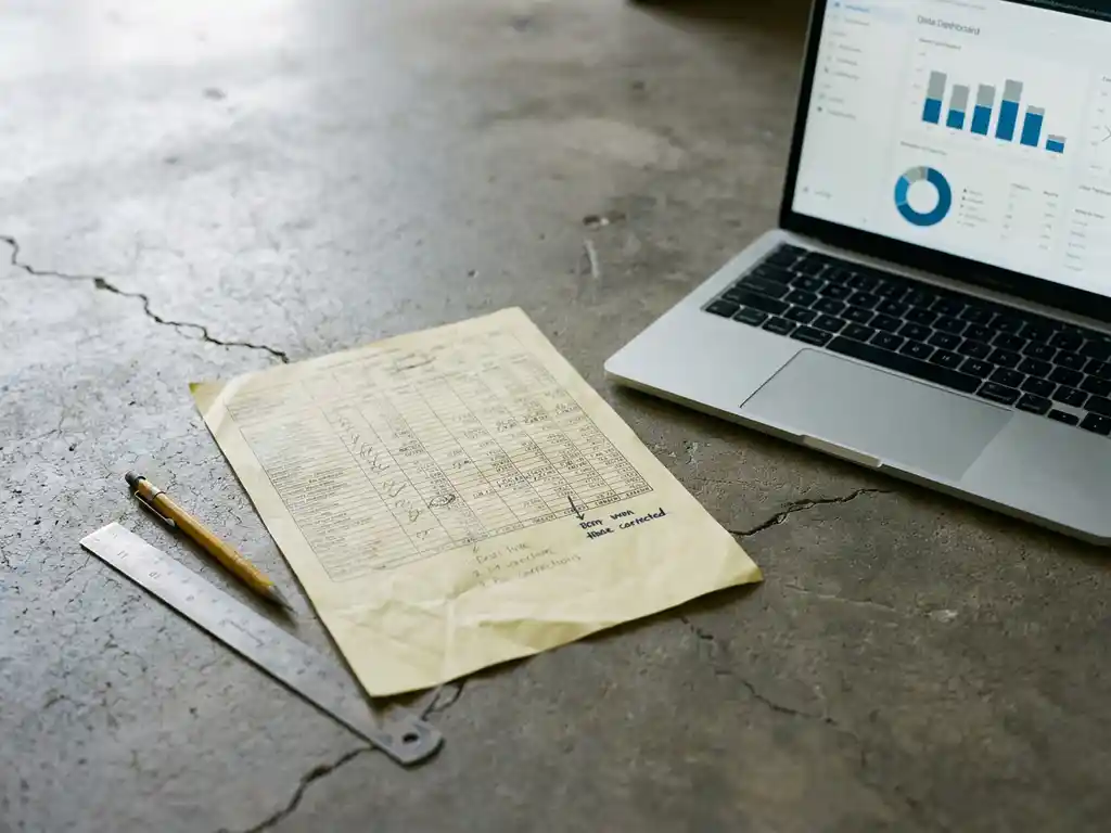 Verouderd papieren spreadsheet met handgeschreven correcties naast een moderne laptop met dashboard, potlood en stalen liniaal op betonnen ondergrond.