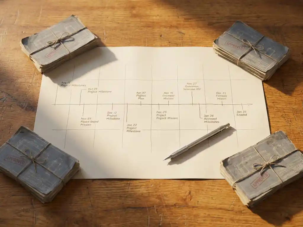 Papieren tijdlijn op een verouderd eiken bureau met gestempelde technische documenten en een mechanisch potlood, zacht middaglicht.